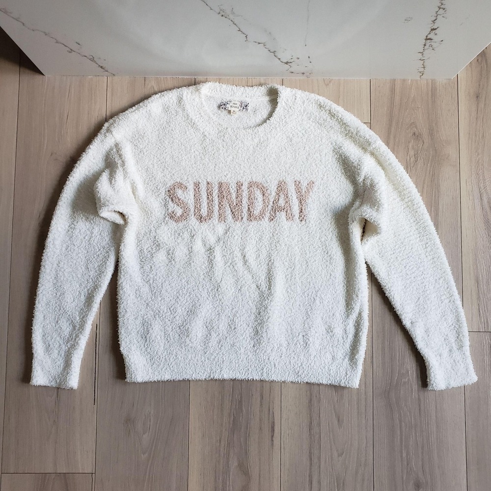 Pink Republic Sweater Womens XL White Fuzzy Sunday Graphic Crewneck Pullover